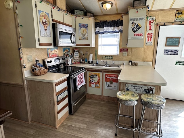 117 Badin Lake Cir, New London, NC 28127 - kitchen with appliances with stainless steel finishes, light countertops, light wood-type flooring, a kitchen bar, and a sink