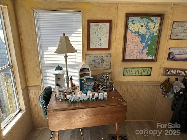 117 Badin Lake Cir, New London, NC 28127 - office area featuring a wainscoted wall, wood finished floors, and wooden walls