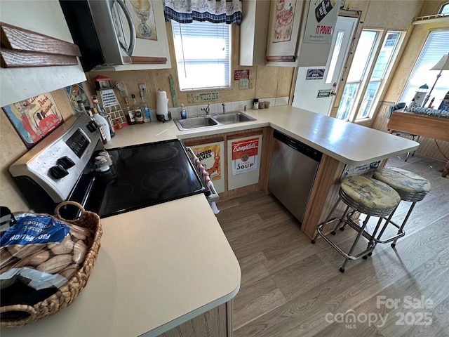 117 Badin Lake Cir, New London, NC 28127 - kitchen with a peninsula, stainless steel appliances, a sink, a kitchen breakfast bar, and light countertops