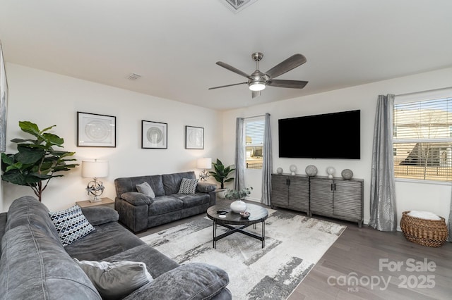 living room with a ceiling fan, visible vents, plenty of natural light, and wood finished floors