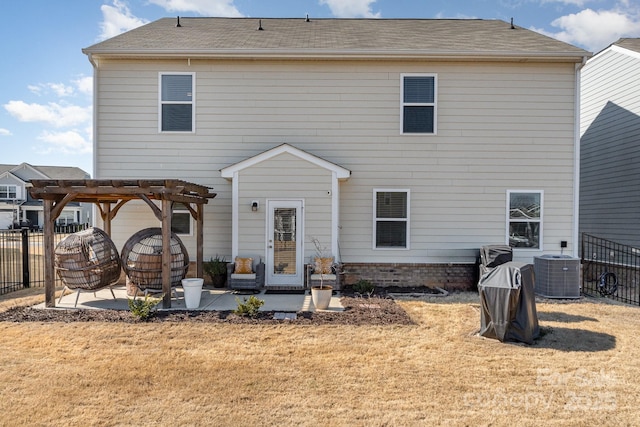 back of property with fence, cooling unit, a pergola, and a patio