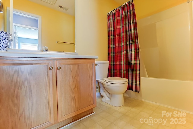 bathroom featuring visible vents, toilet, shower / tub combo with curtain, tile patterned floors, and vanity