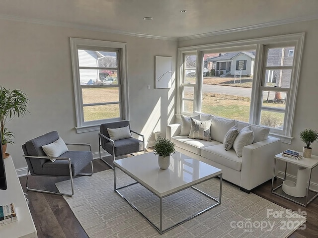 living area with crown molding, baseboards, and wood finished floors