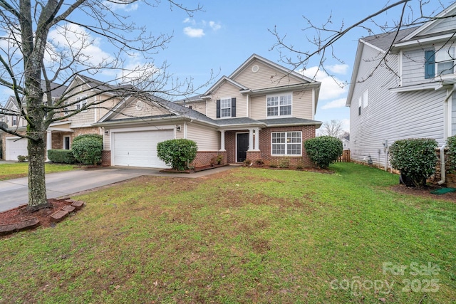 traditional home with a garage, concrete driveway, brick siding, and a front lawn