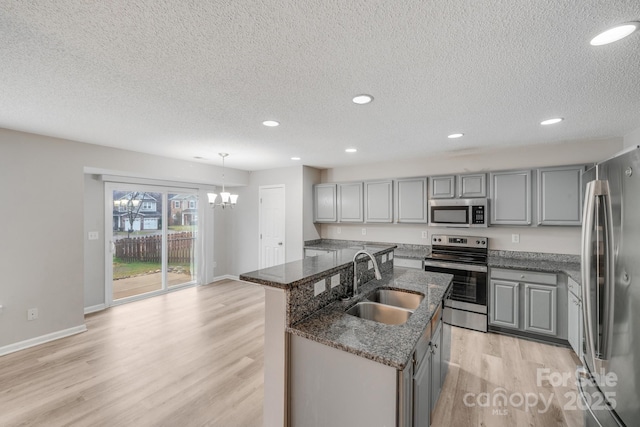 kitchen with pendant lighting, a center island with sink, light wood finished floors, stainless steel appliances, and a sink