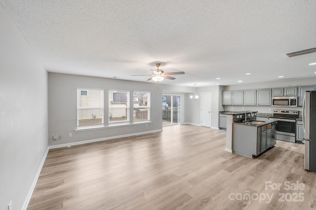 kitchen featuring a center island with sink, appliances with stainless steel finishes, open floor plan, gray cabinets, and a sink