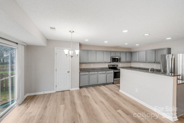 kitchen featuring appliances with stainless steel finishes, hanging light fixtures, light wood finished floors, and gray cabinetry