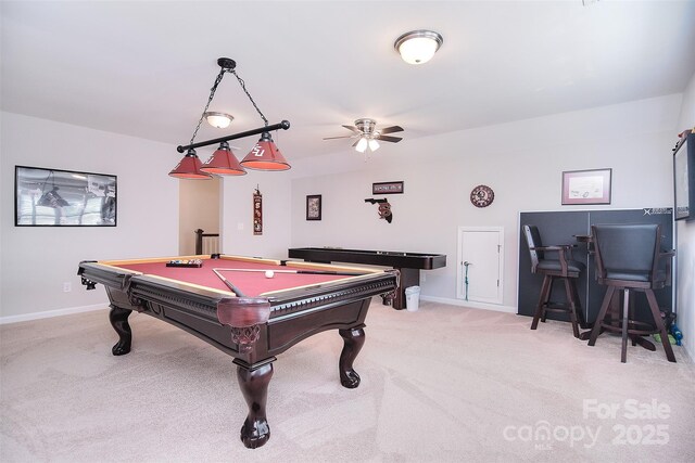 recreation room with baseboards, billiards, a ceiling fan, and light colored carpet