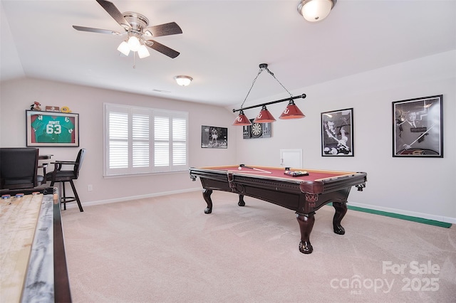 rec room featuring visible vents, light carpet, vaulted ceiling, billiards, and baseboards