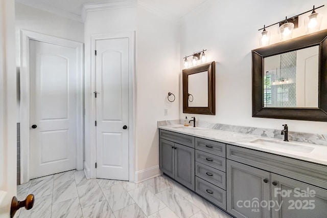 full bath featuring ornamental molding, marble finish floor, a sink, and double vanity