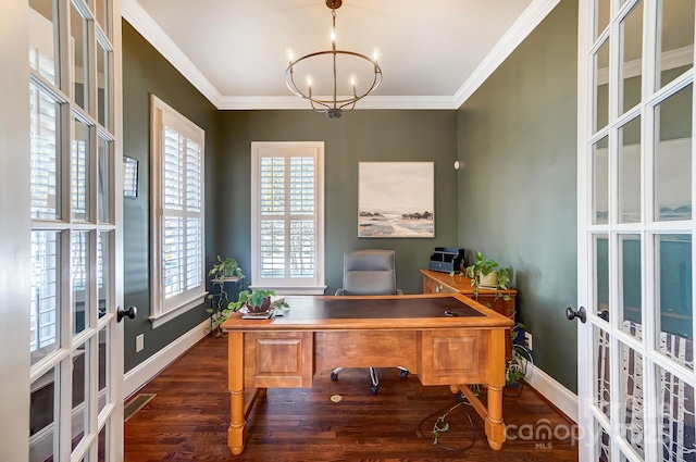 office featuring dark wood-style floors, french doors, a chandelier, and crown molding