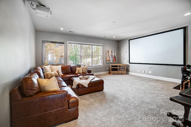 cinema featuring baseboards, visible vents, carpet flooring, and recessed lighting