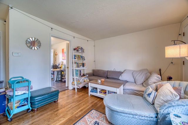 living room featuring vaulted ceiling, a textured ceiling, and wood finished floors