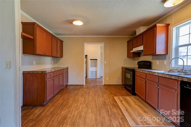 kitchen with open shelves, ornamental molding, a sink, under cabinet range hood, and black appliances