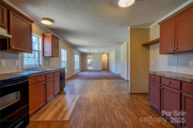 kitchen with pendant lighting, crown molding, light wood finished floors, and black appliances