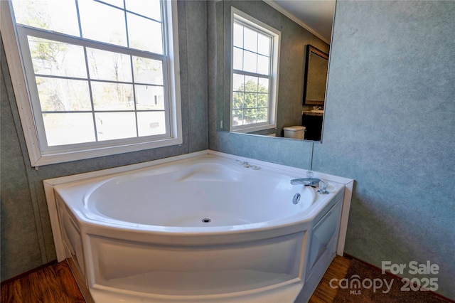 full bath featuring wood finished floors and a bath