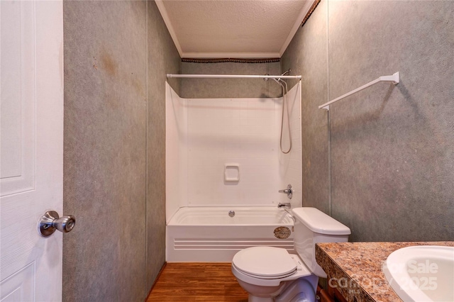 full bath featuring crown molding, vanity, toilet, and wood finished floors