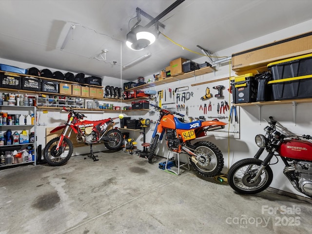 garage with a workshop area