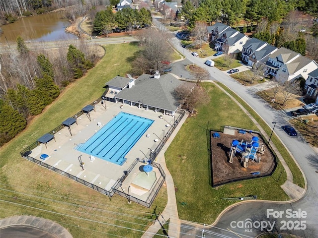 aerial view featuring a water view