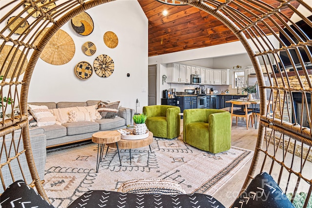 living area featuring high vaulted ceiling