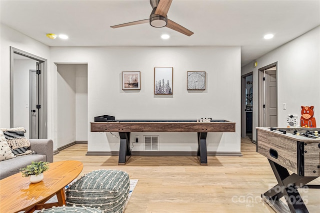 rec room featuring baseboards, recessed lighting, visible vents, and light wood-style floors