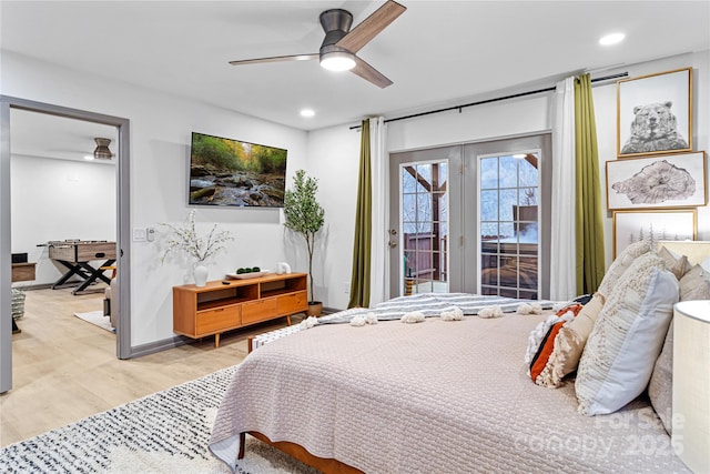 bedroom with baseboards, ceiling fan, access to exterior, light wood-type flooring, and recessed lighting