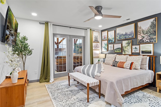 bedroom featuring access to exterior, recessed lighting, visible vents, and light wood finished floors