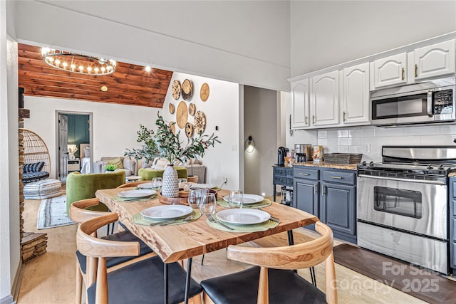 interior space featuring light wood finished floors, tasteful backsplash, white cabinets, wood ceiling, and stainless steel appliances