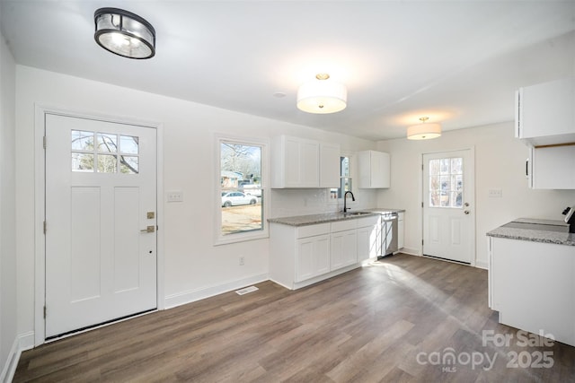 kitchen with tasteful backsplash, visible vents, wood finished floors, white cabinetry, and a sink