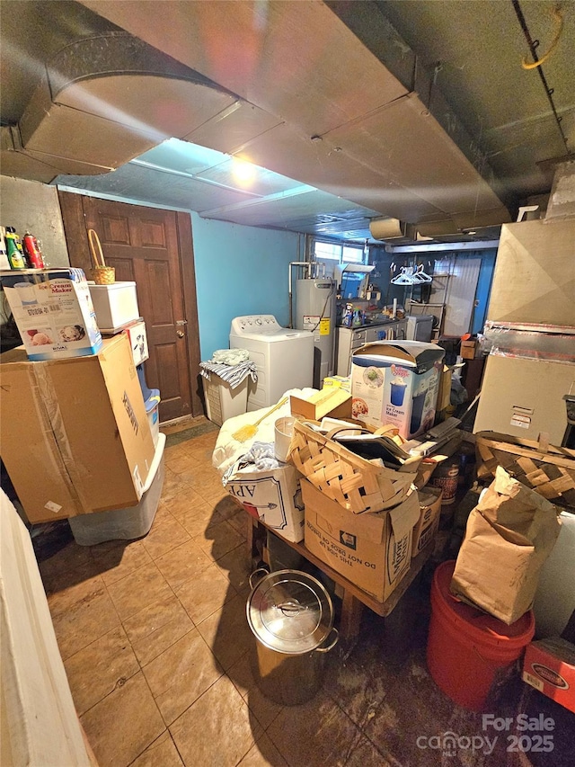 storage area with water heater and independent washer and dryer