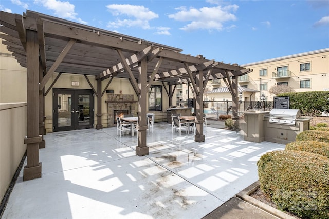 view of patio / terrace with outdoor dining area, french doors, a grill, fence, and a pergola