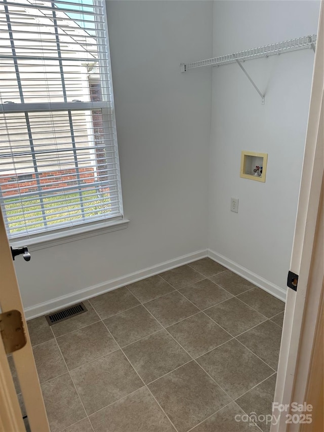 laundry room featuring hookup for a washing machine, visible vents, laundry area, dark tile patterned floors, and baseboards