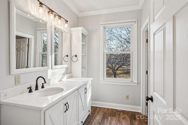 912 Silver Charm Ln, York, SC 29745 - bathroom with vanity, wood finished floors, baseboards, and crown molding