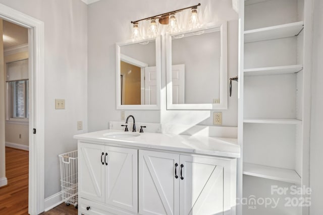 912 Silver Charm Ln, York, SC 29745 - bathroom with vanity, wood finished floors, baseboards, and ornamental molding