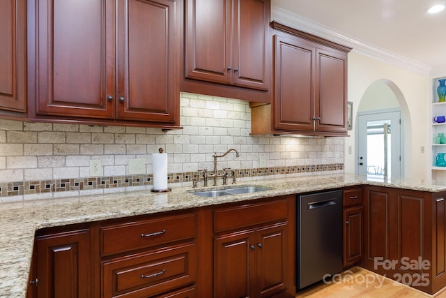 912 Silver Charm Ln, York, SC 29745 - kitchen featuring dishwasher, a sink, decorative backsplash, crown molding, and light stone countertops