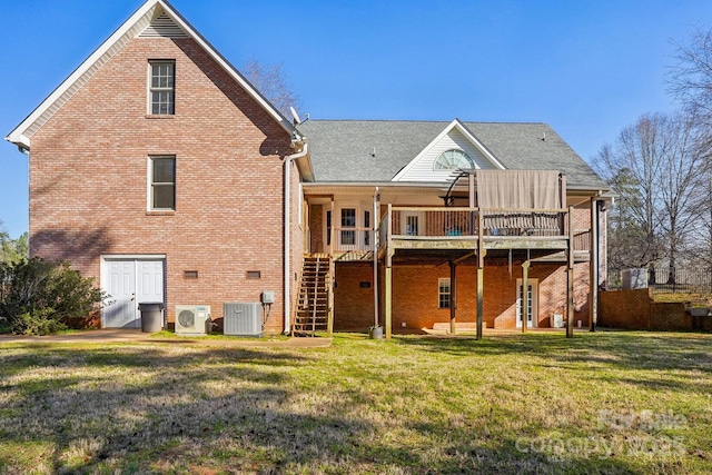 912 Silver Charm Ln, York, SC 29745 - rear view of property with a cooling unit, a lawn, stairway, brick siding, and a wooden deck