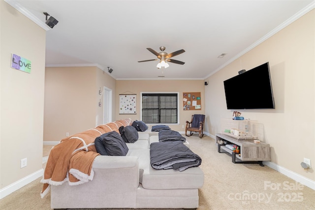 bedroom with a ceiling fan, baseboards, crown molding, and light colored carpet