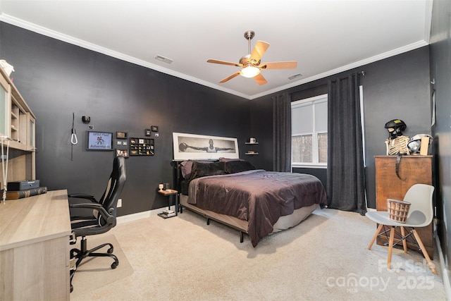 bedroom with carpet, visible vents, crown molding, and baseboards