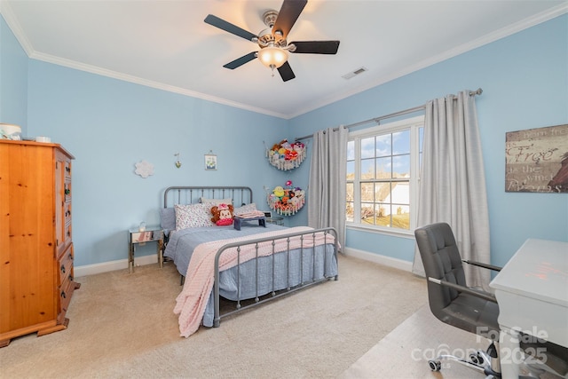 bedroom featuring baseboards, visible vents, crown molding, and light colored carpet