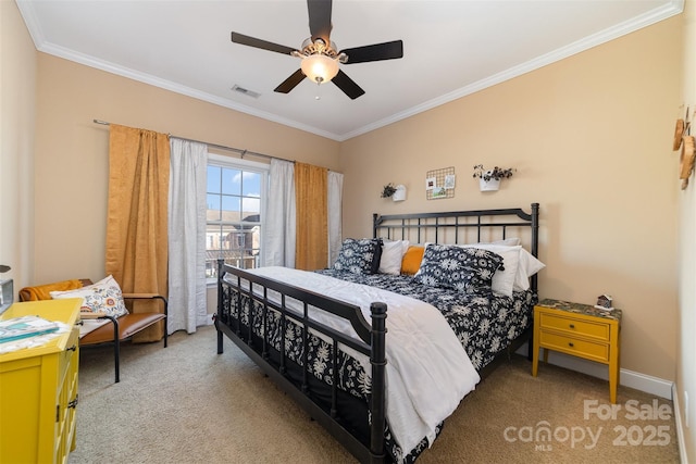 bedroom with light carpet, ceiling fan, visible vents, and crown molding