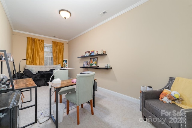 home office with light carpet, visible vents, baseboards, and crown molding