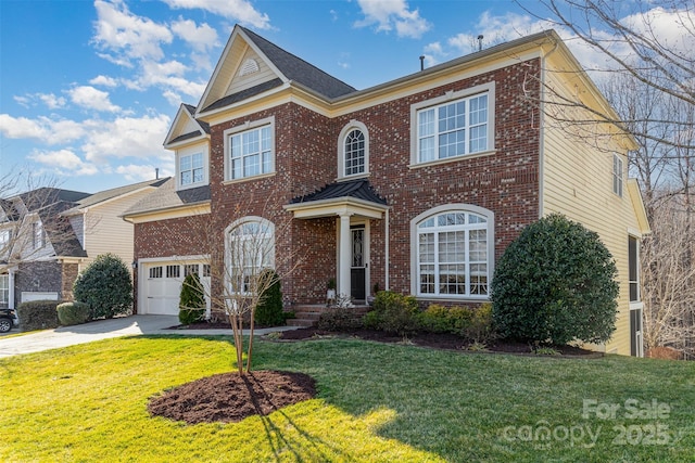 view of front facade featuring concrete driveway, a front lawn, an attached garage, and brick siding