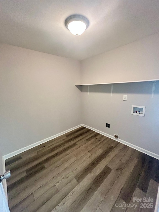 laundry room featuring laundry area, hookup for a washing machine, baseboards, and dark wood-style flooring