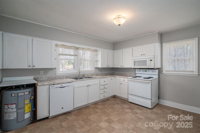 kitchen with white appliances, a sink, white cabinetry, water heater, and light countertops