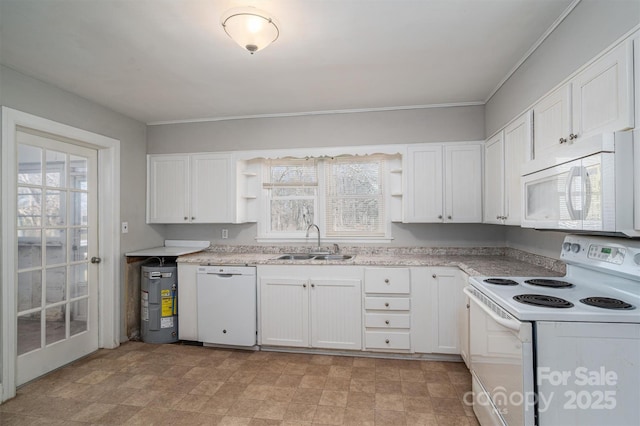 kitchen featuring white appliances, white cabinets, light countertops, open shelves, and a sink