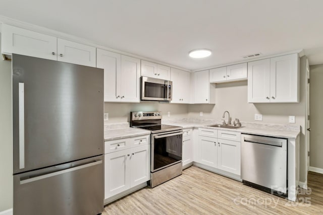 kitchen featuring stainless steel appliances, white cabinetry, a sink, and visible vents