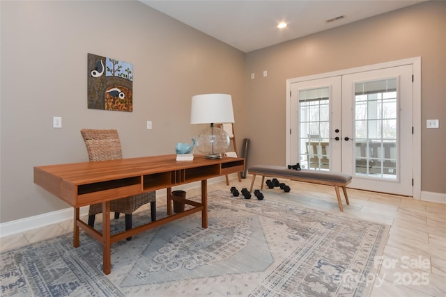 office featuring tile patterned flooring, recessed lighting, visible vents, baseboards, and french doors