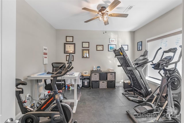 workout area with ceiling fan, visible vents, and baseboards