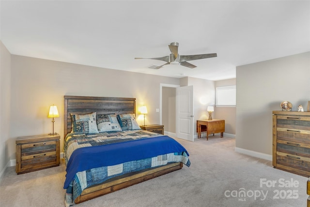 bedroom with light carpet, a ceiling fan, and baseboards