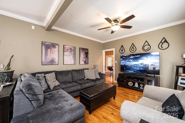 living room featuring ornamental molding, a ceiling fan, and wood finished floors